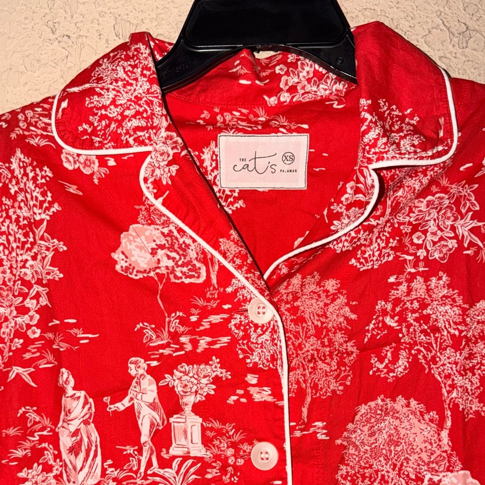 Red French Toile Pajama Top | Scenic Print Button Front - Picture 2 of 7